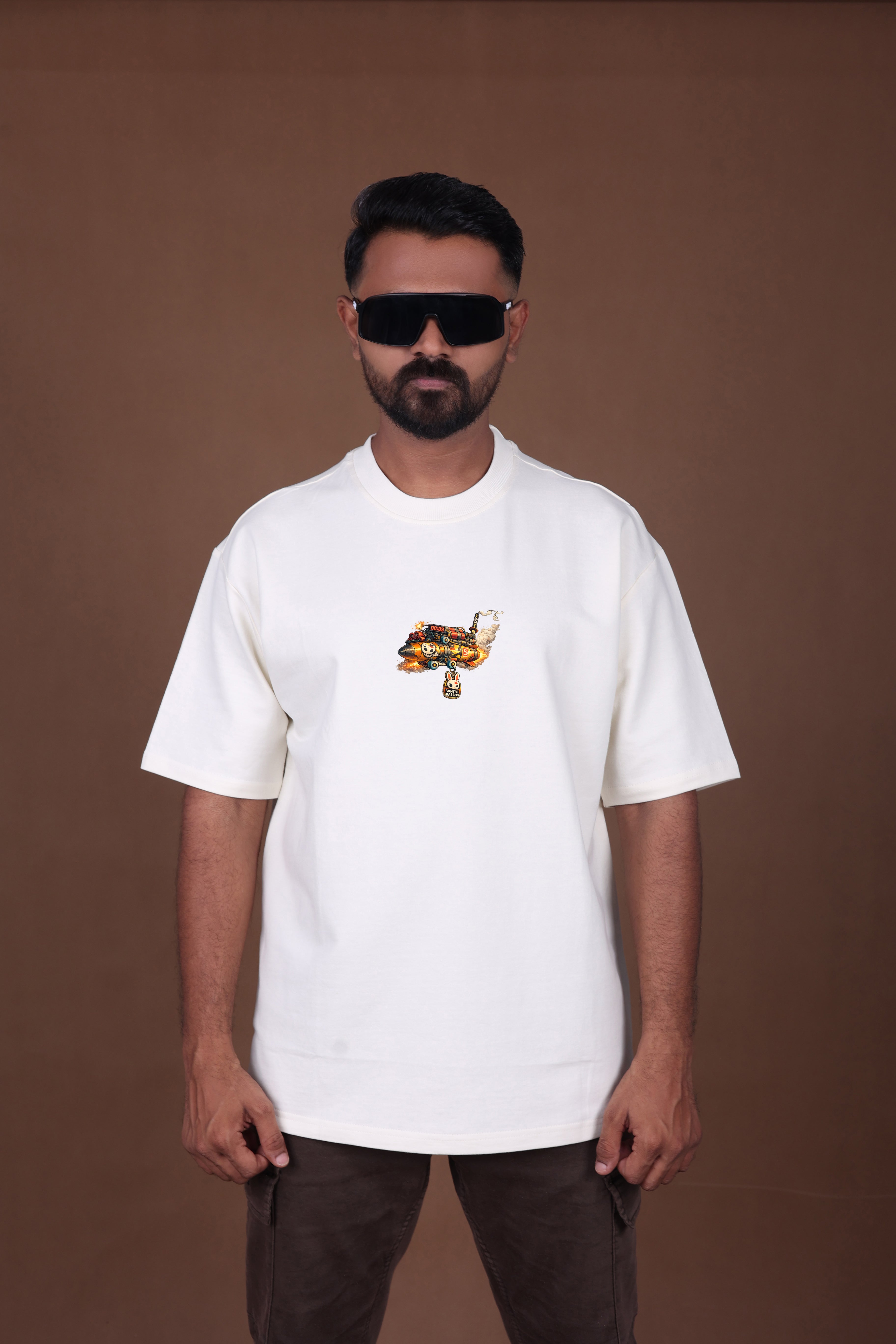 Printed Oversized T-shirt | Cute Rabbit Streetwear Print | Off-White T-Shirt