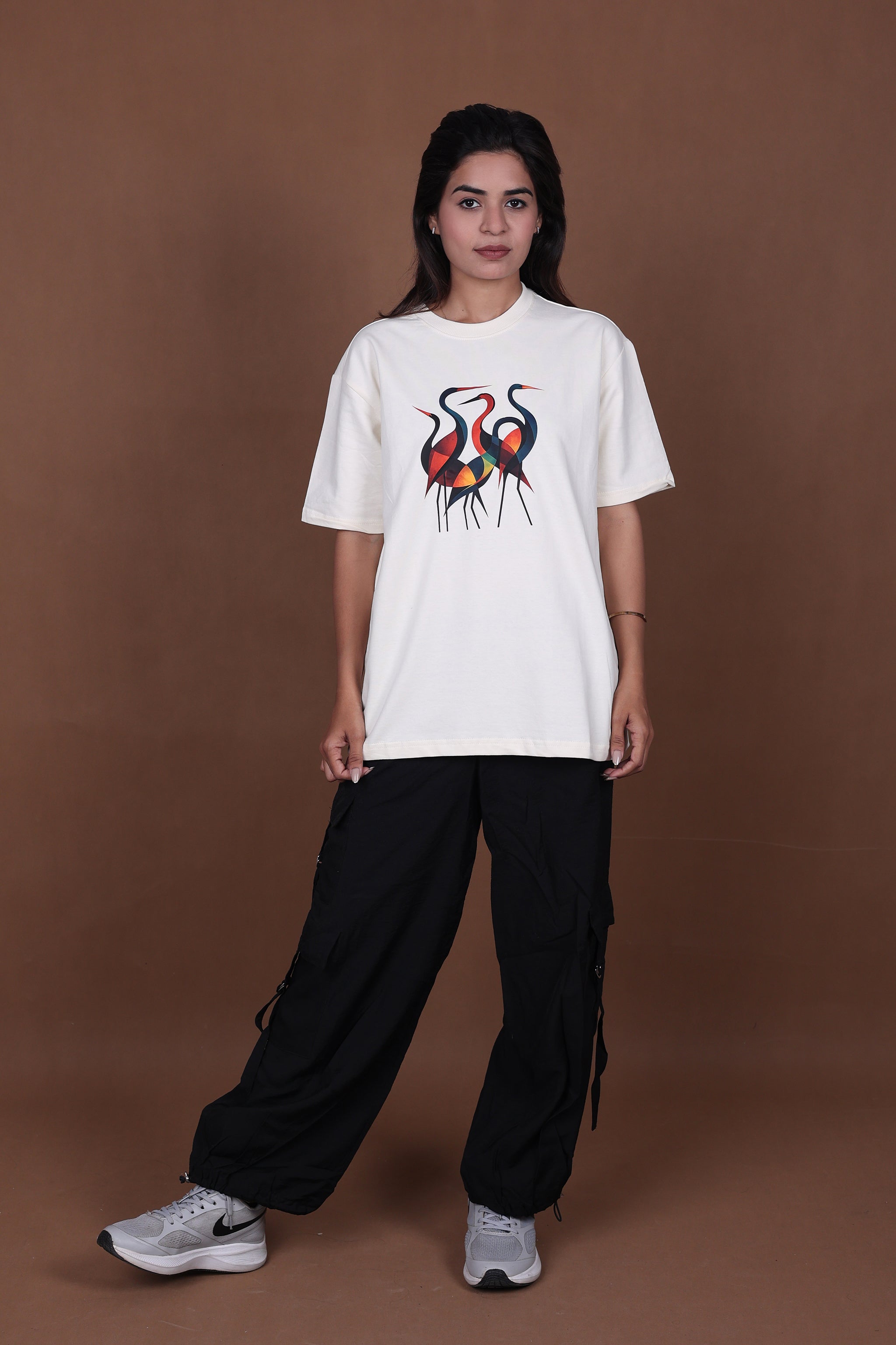 Printed Oversized T-shirt | Trendy Abstract Nature Print | Off-White T-Shirt