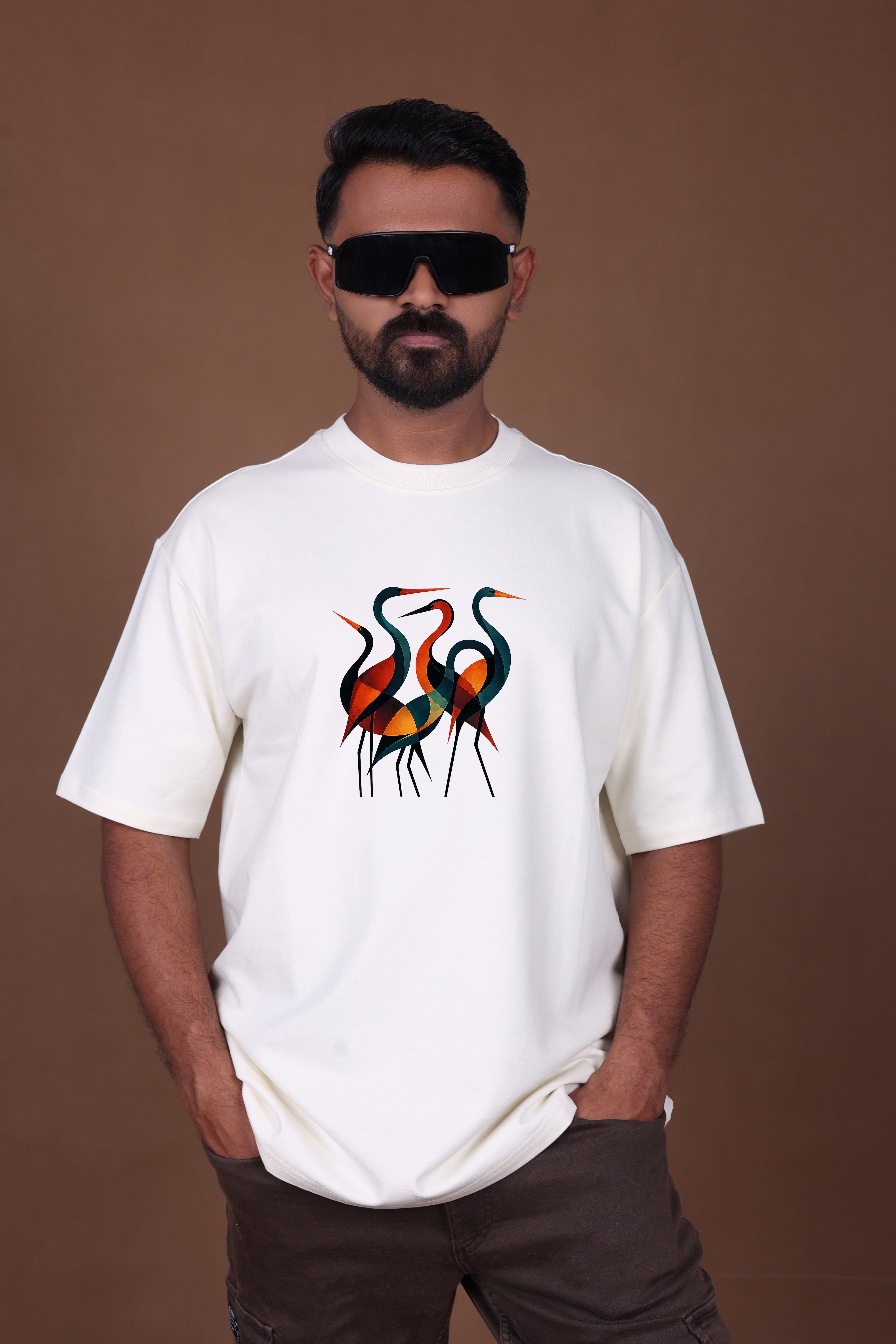 Printed Oversized T-shirt | Trendy Abstract Nature Print Streetwear | Off-White T-Shirt