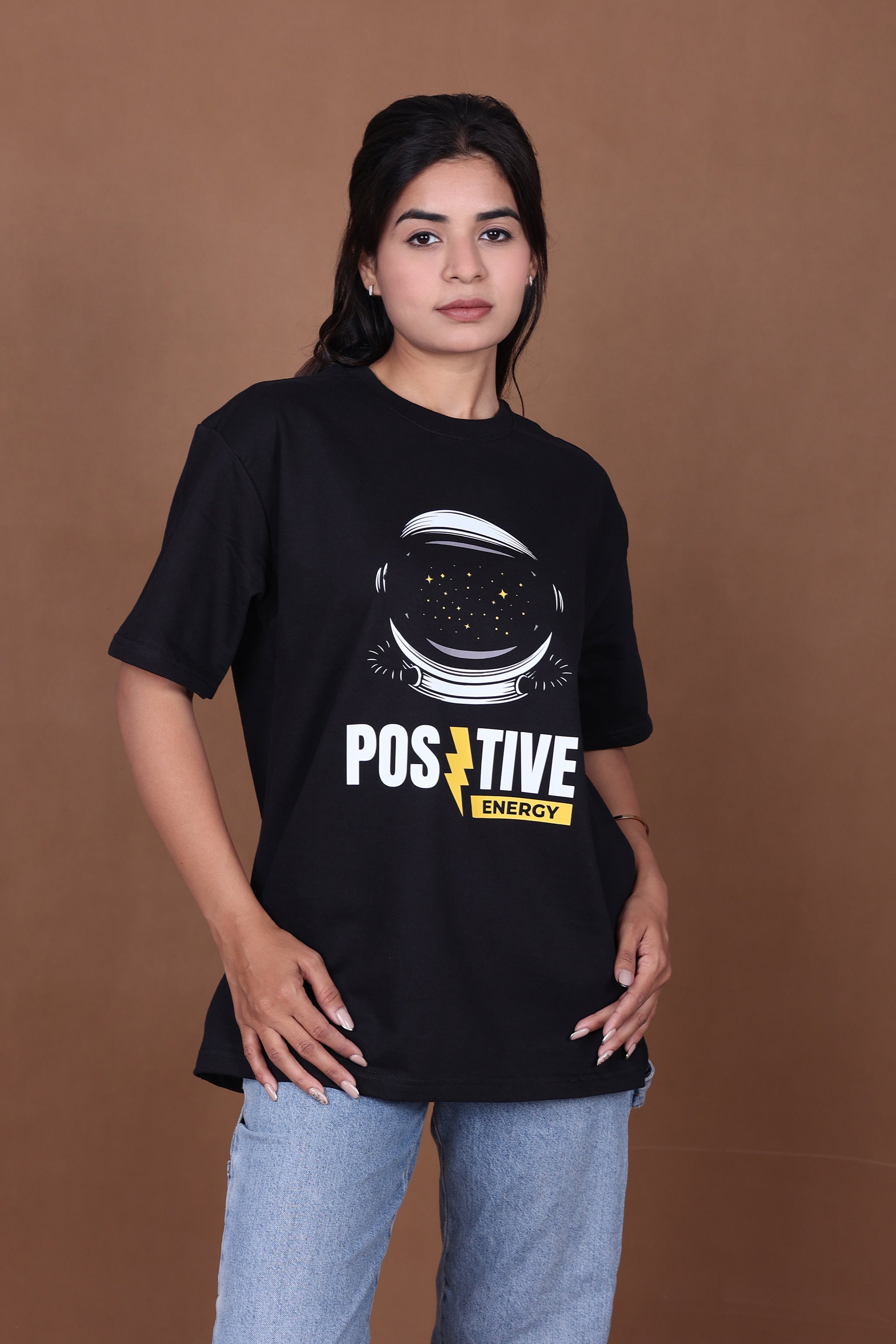 Printed Oversized T-shirt | Positive Energy Astronaut Graphic | Black T-Shirt