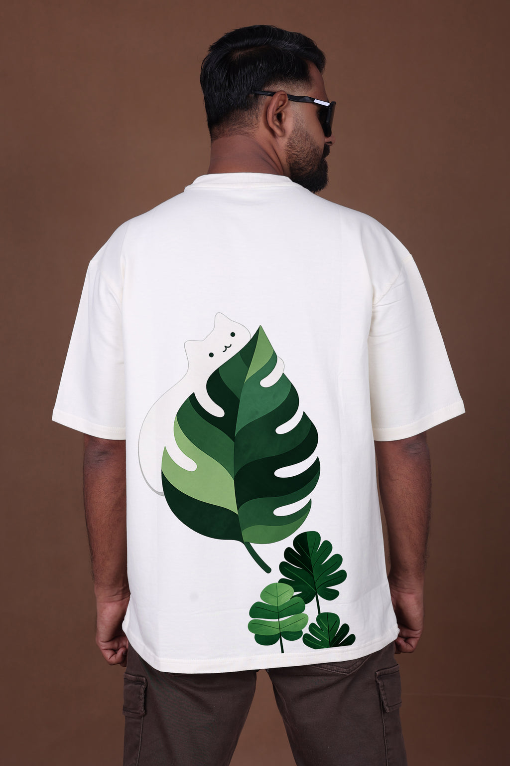 Printed Oversized T-shirt | Cute Cat Leaf Back Print | Off-White T-Shirt