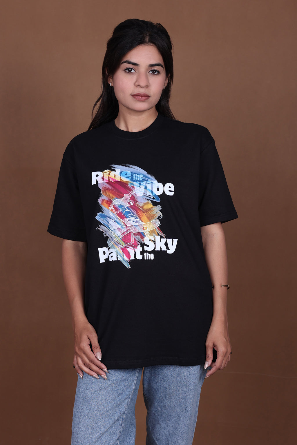 Printed Oversized T-shirt | Ride The Vibe Skate Graphic | Black T-Shirt