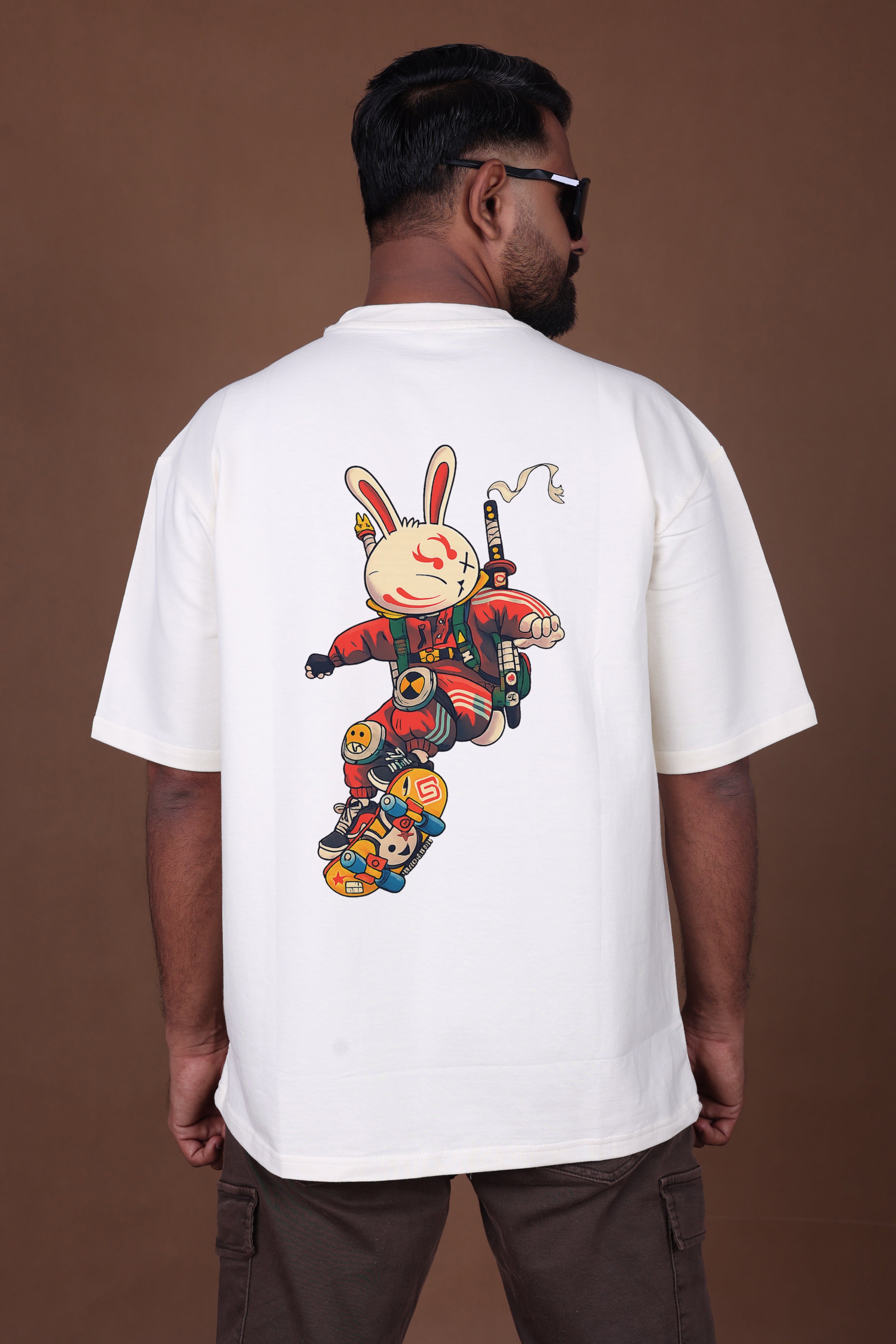 Printed Oversized T-shirt | Cute Rabbit Streetwear Print | Off-White T-Shirt