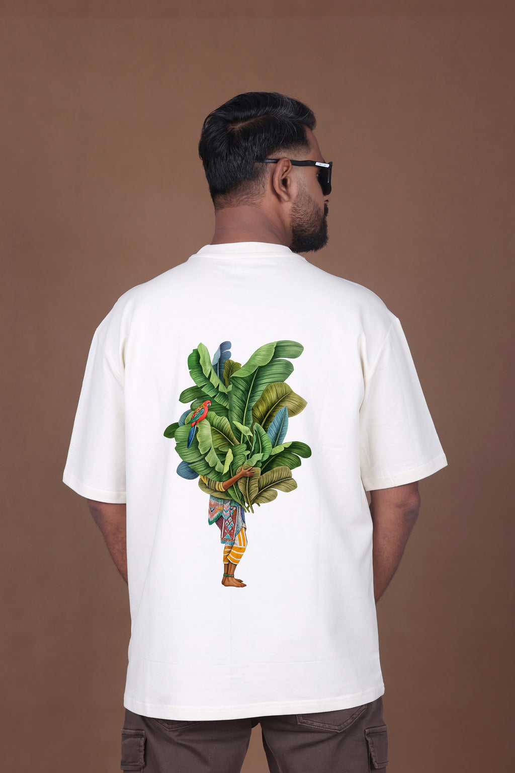 Printed Oversized T-shirt | Tropical Leaves & Parrot Back Print | Off-White T-Shirt
