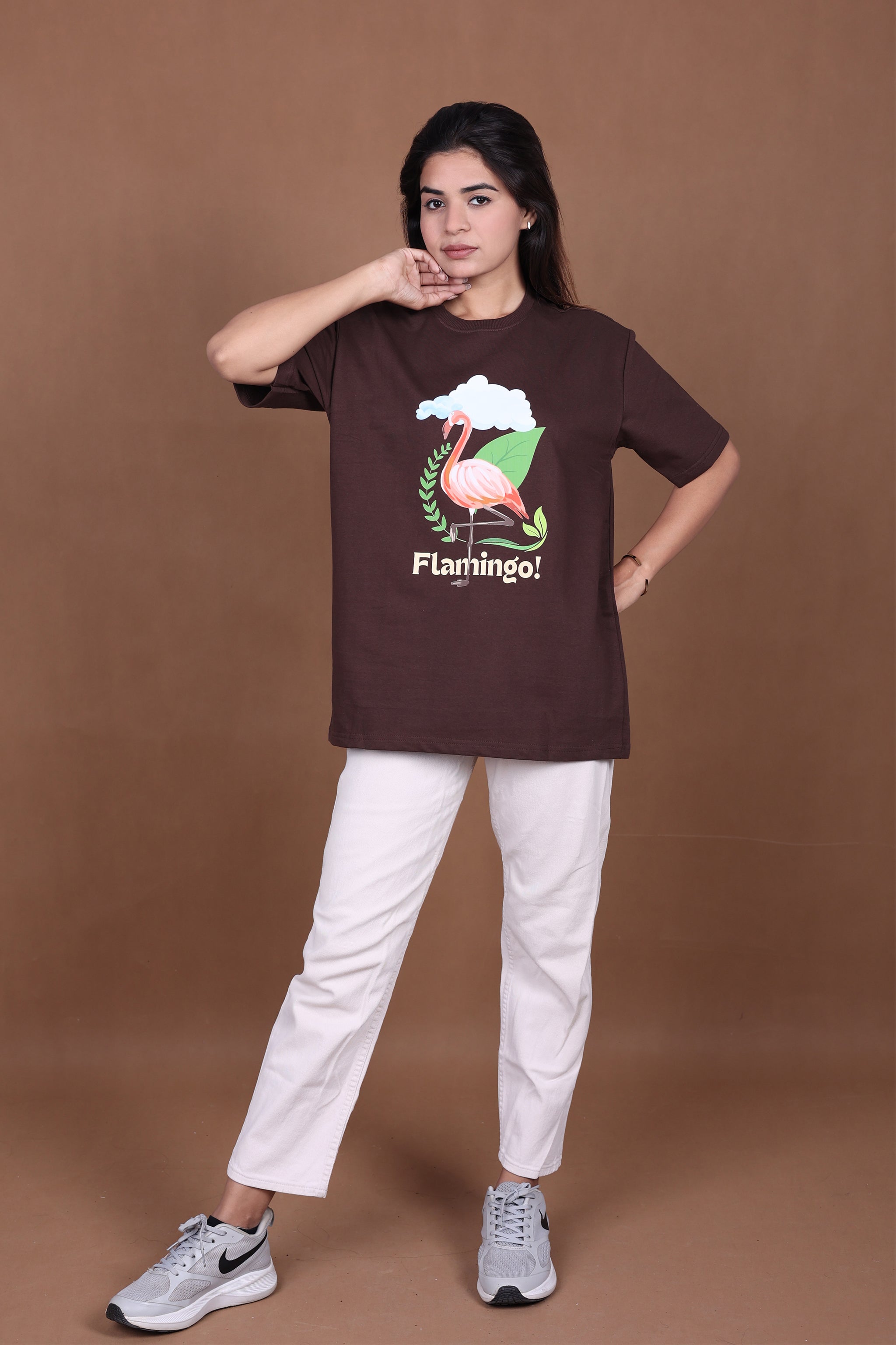 Printed Oversized T-shirt | Cute Flamingo Nature Design | Brown T-Shirt