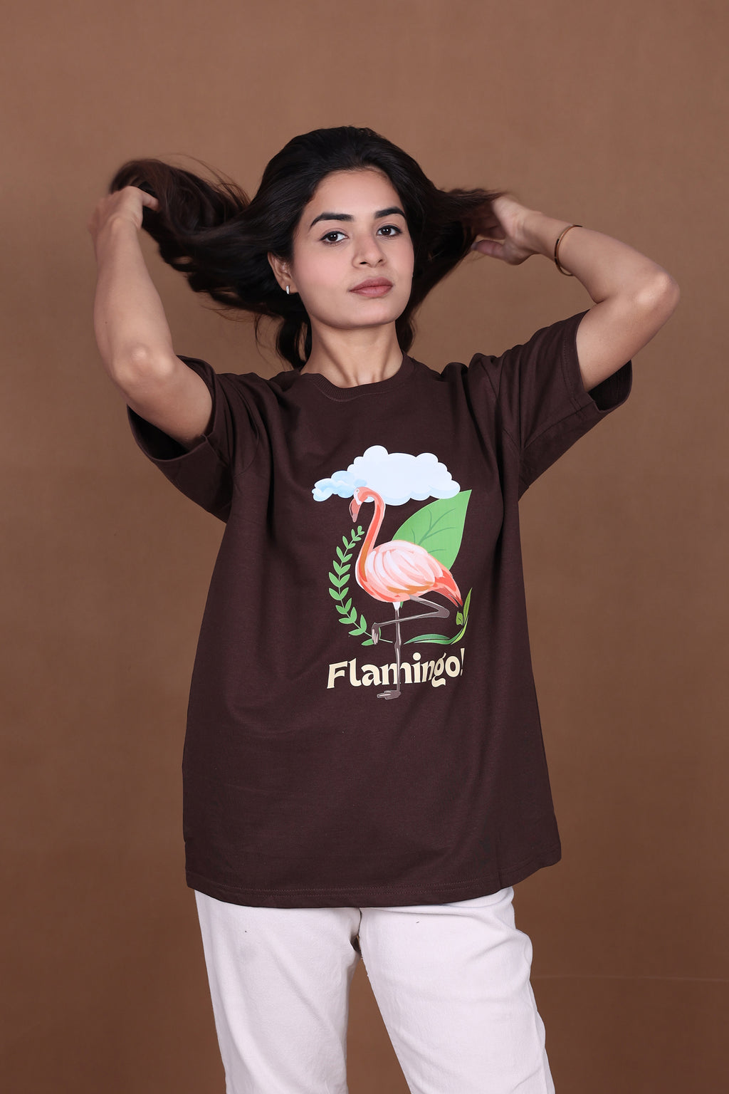 Printed Oversized T-shirt | Cute Flamingo Nature Design | Brown T-Shirt