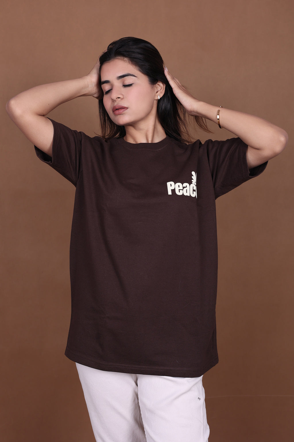 Printed Oversized T-shirt | Minimal Floral Line Art Back Print Premium | Brown T-Shirt