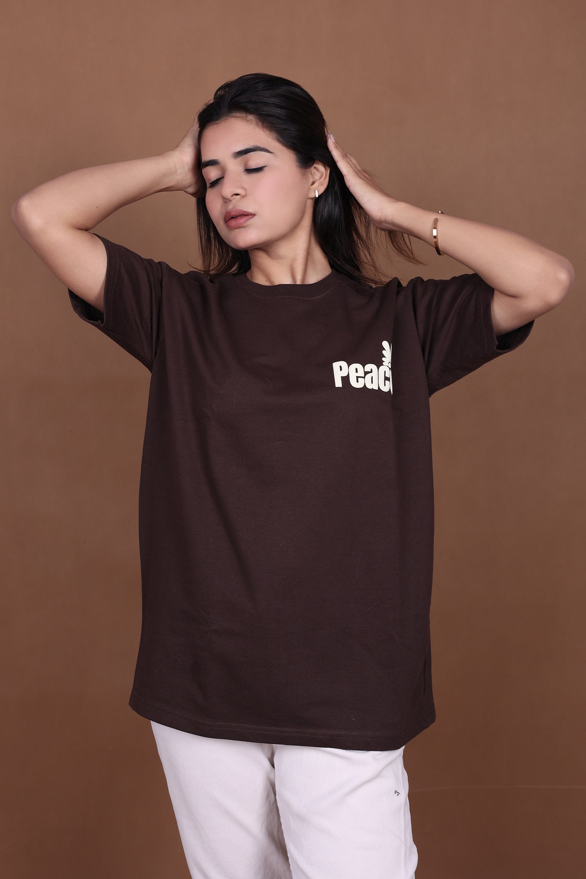 Printed Oversized T-shirt | Minimal Floral Line Art Back Print Premium | Brown T-Shirt