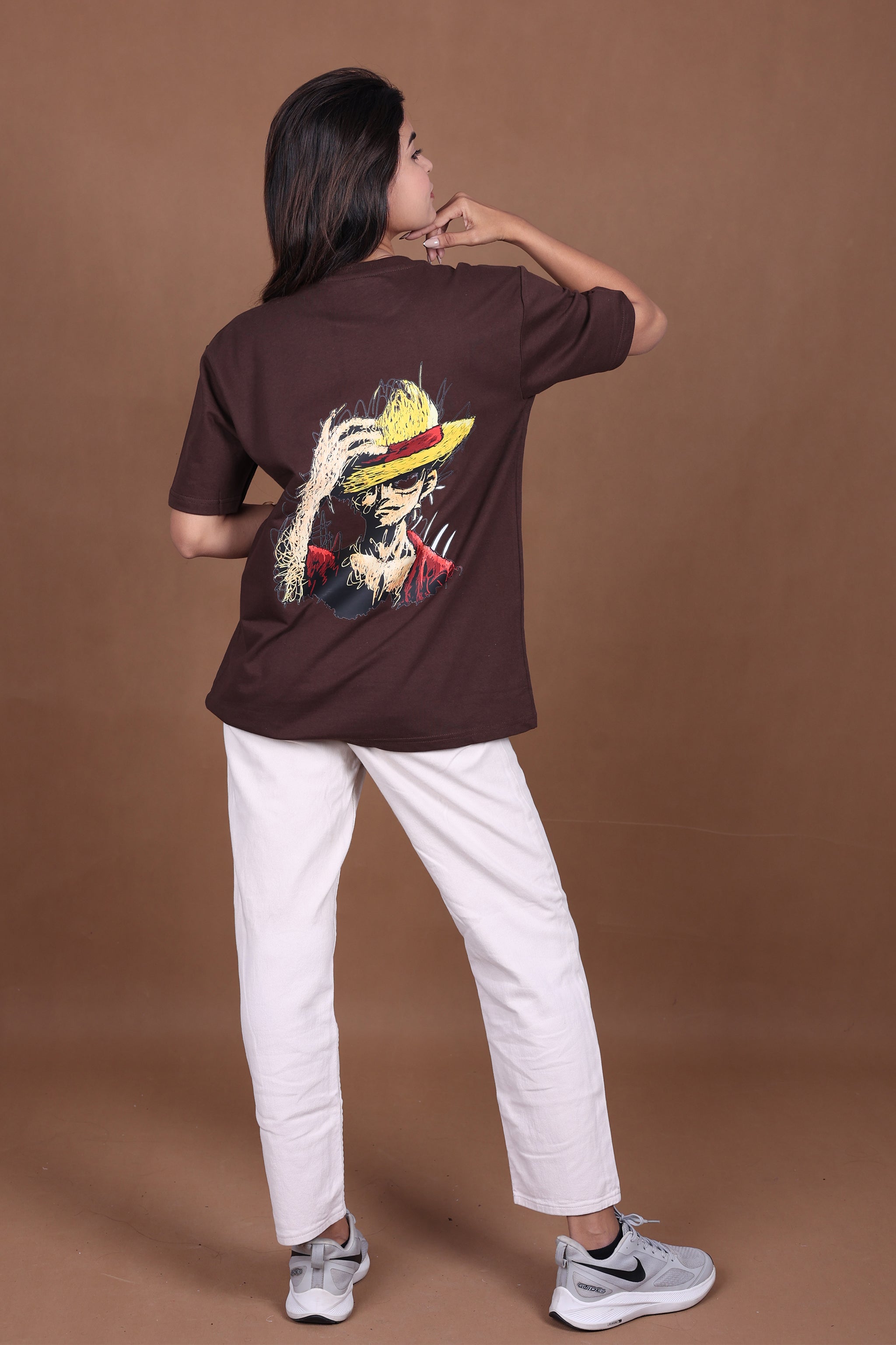 Printed Oversized T-shirt | Anime Inspired Back Print | Brown T-Shirt