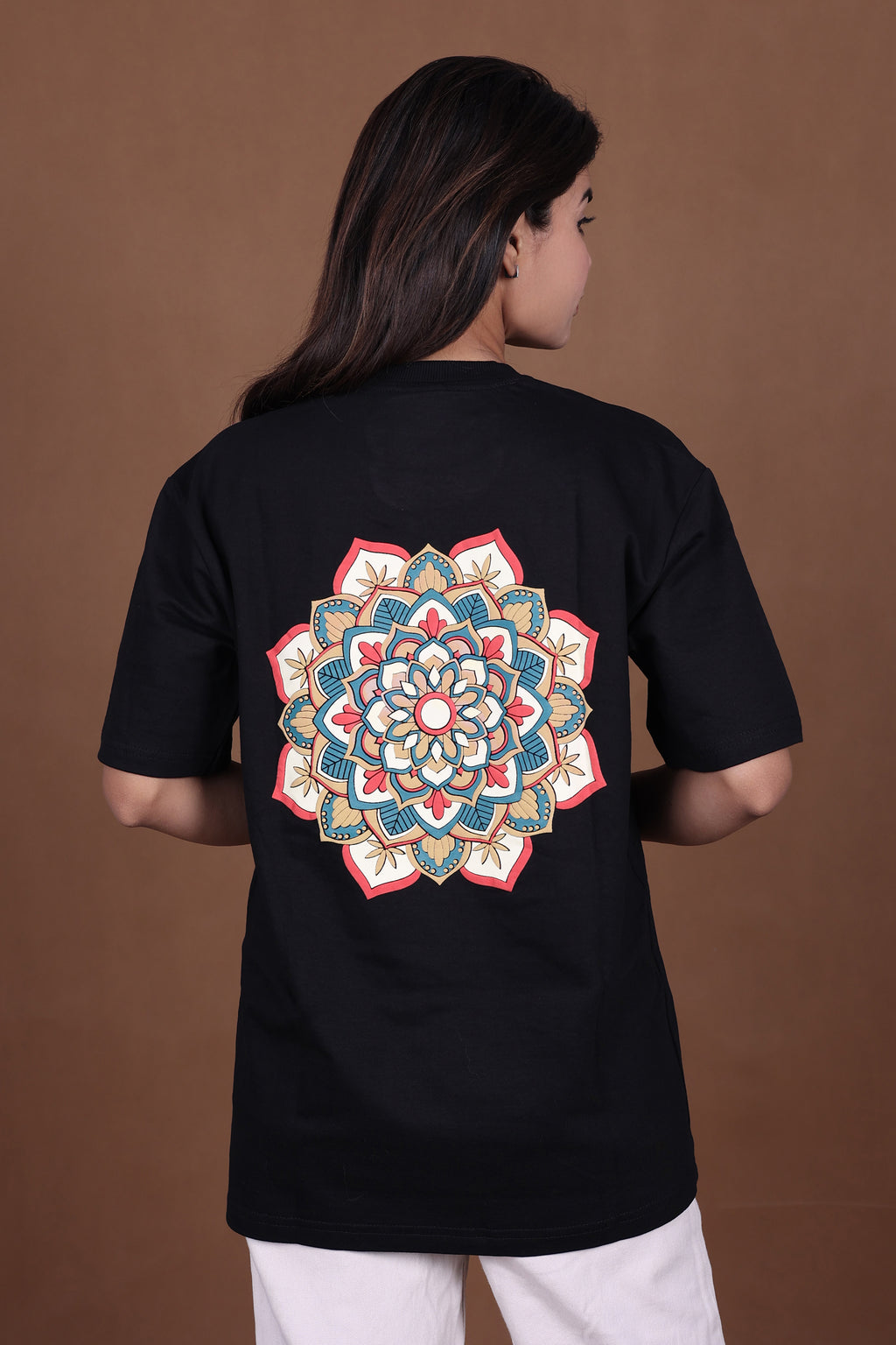 Printed Oversized T-shirt | Mandala Art Back Print Premium | Black T-Shirt