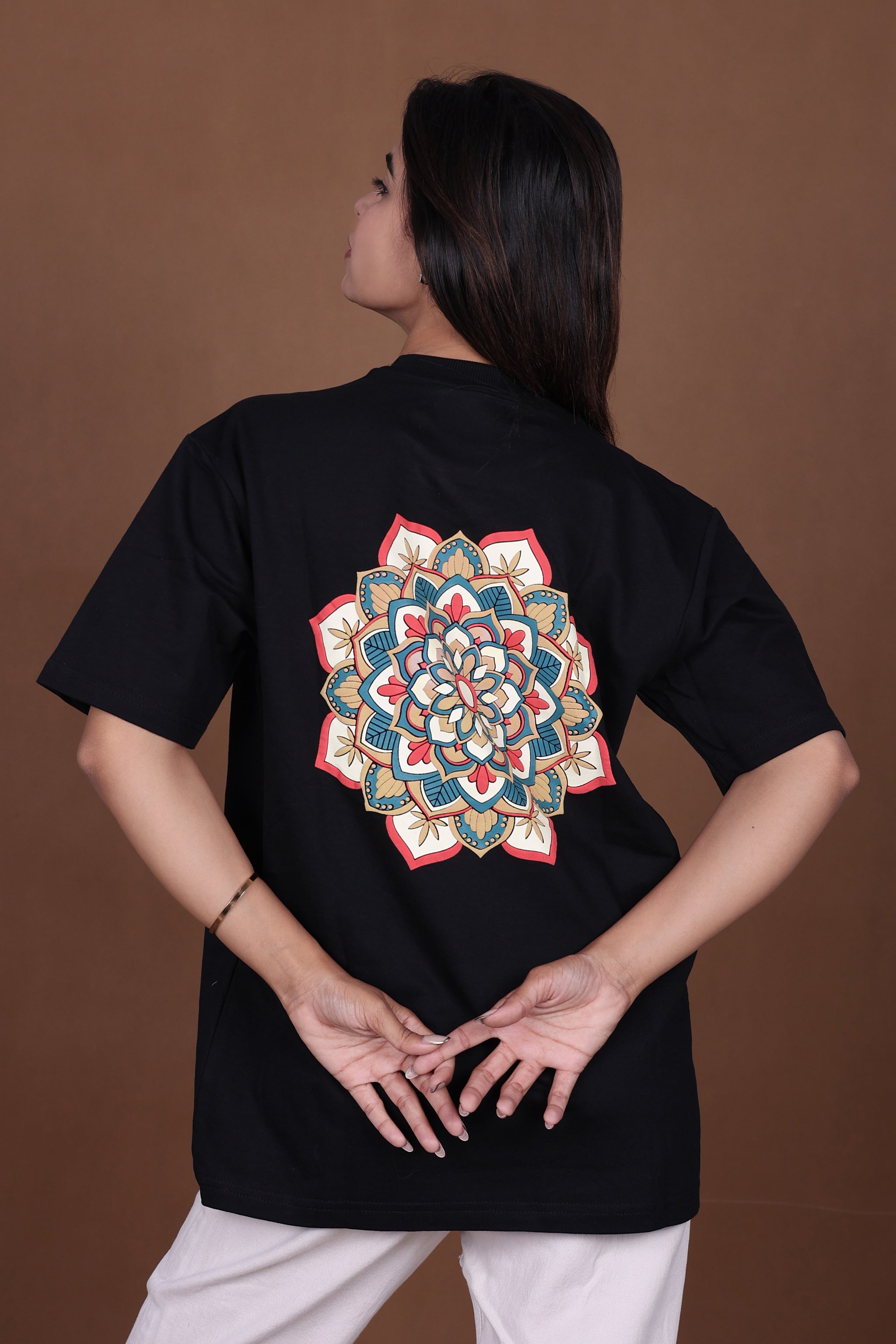 Printed Oversized T-shirt | Mandala Art Back Print Premium | Black T-Shirt