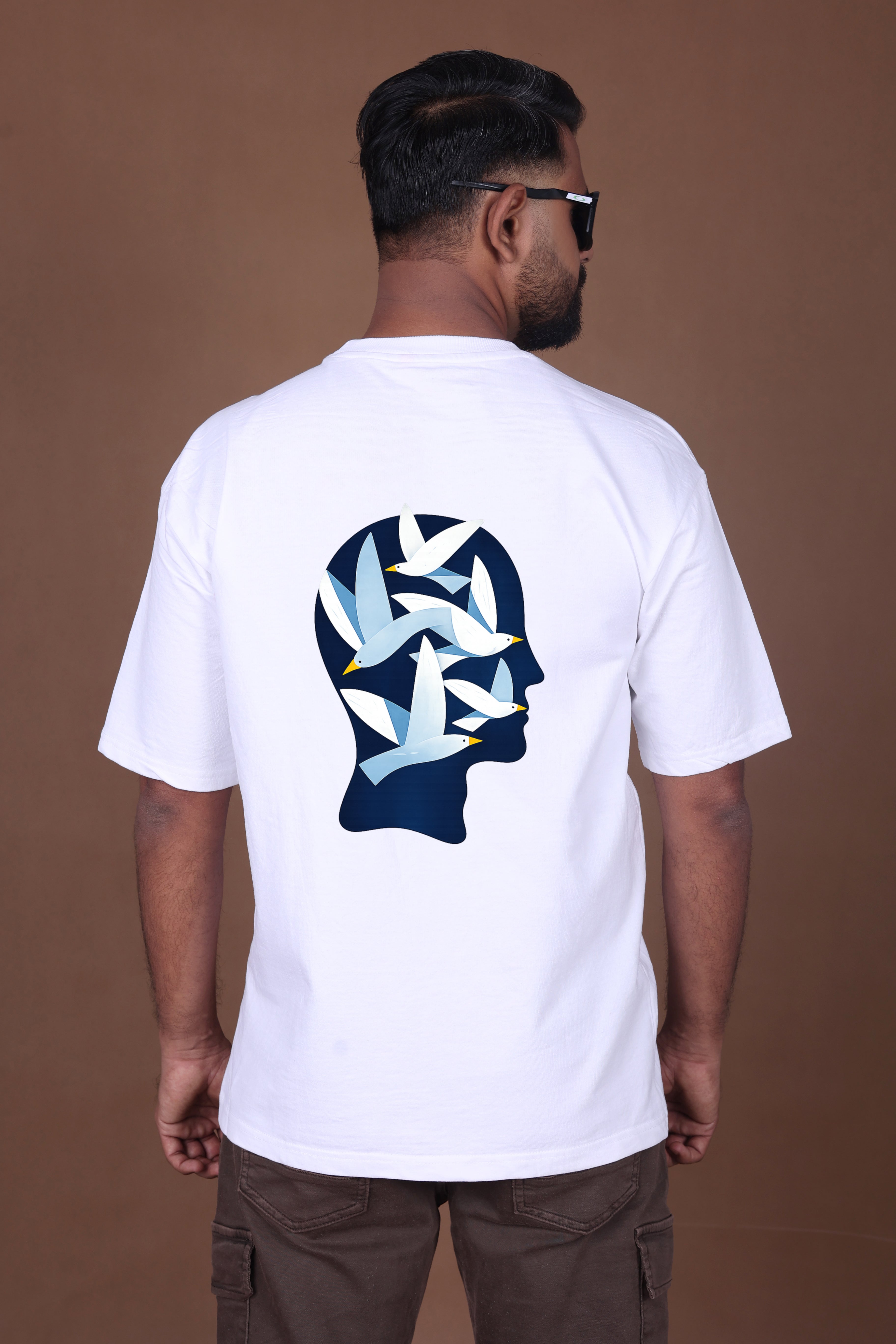 Printed Oversized T-shirt | Freedom Birds Silhouette Back Print | White T-Shirt