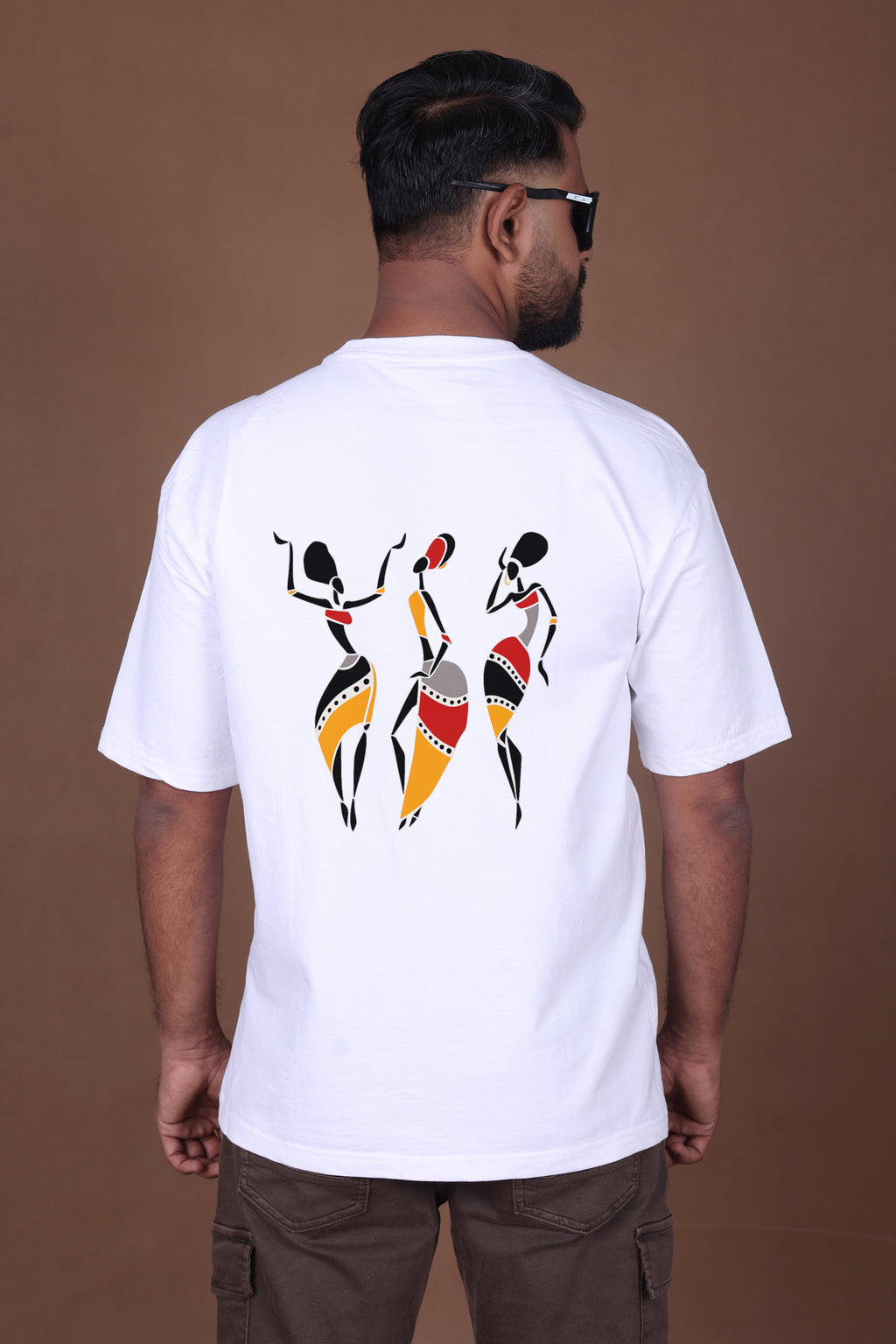 Printed Oversized T-shirt | Tribal Dance Back Print | White T-Shirt