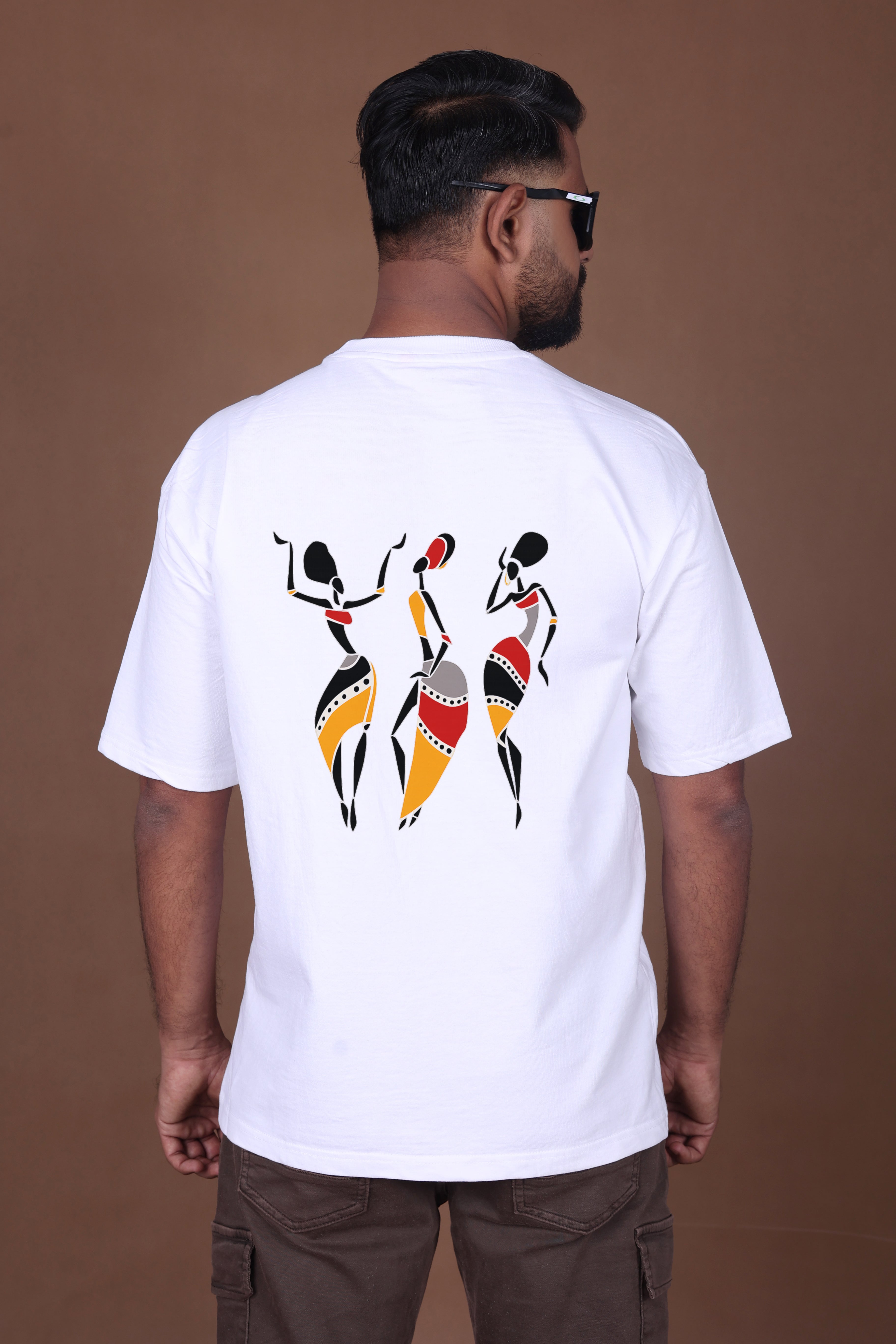 Printed Oversized T-shirt | Tribal Dance Back Print | White T-Shirt