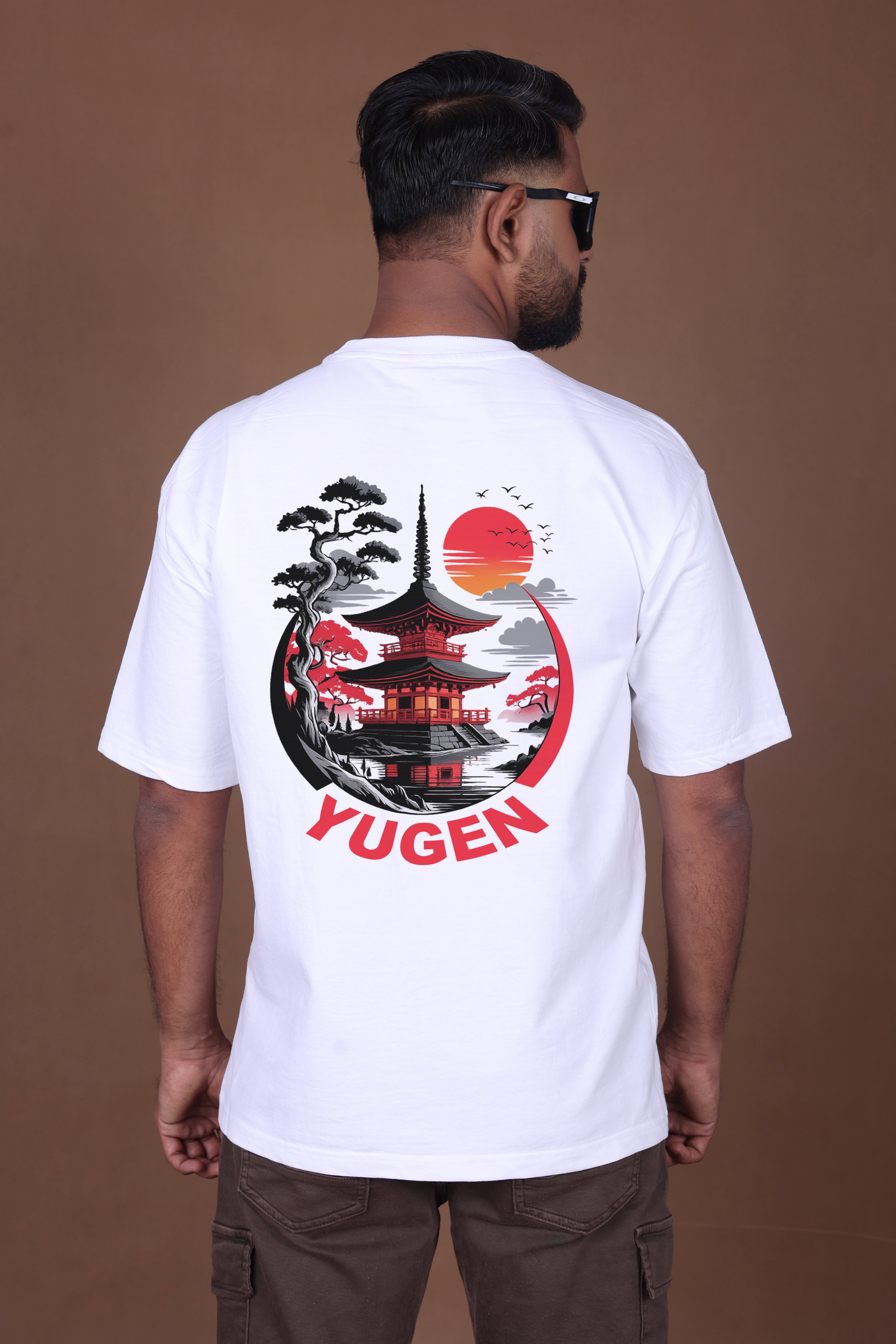 Printed Oversized T-shirt | Sunset Pagoda Graphic Yugen Printed | White T-Shirt