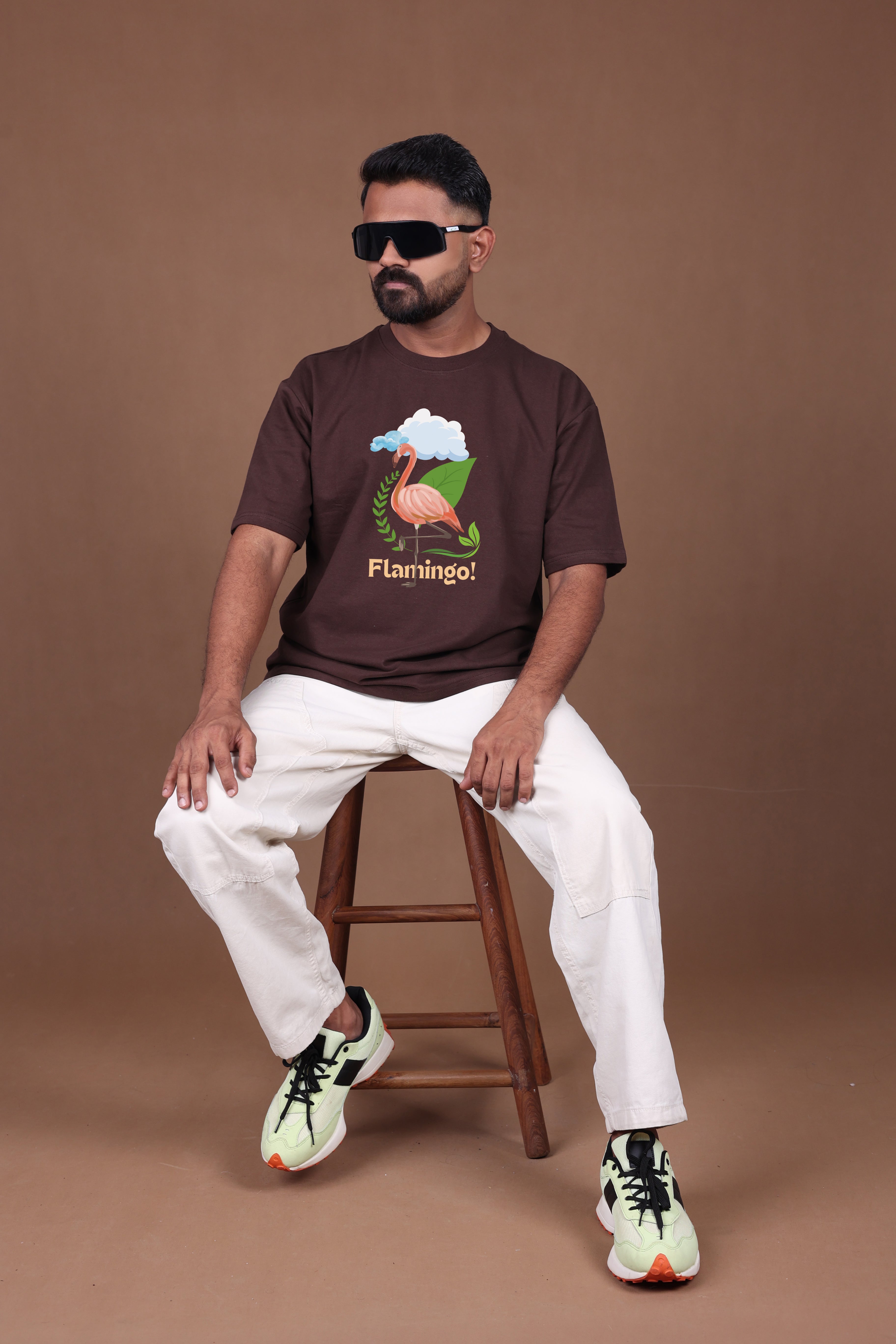 Printed Oversized T-shirt | Cute Flamingo Nature Design | Brown T-Shirt
