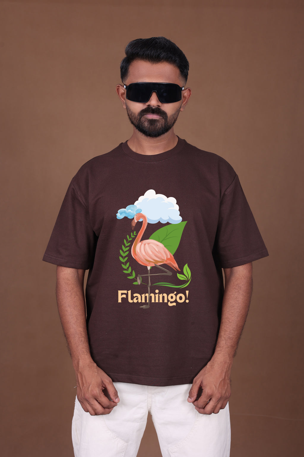 Printed Oversized T-shirt | Cute Flamingo Nature Design | Brown T-Shirt
