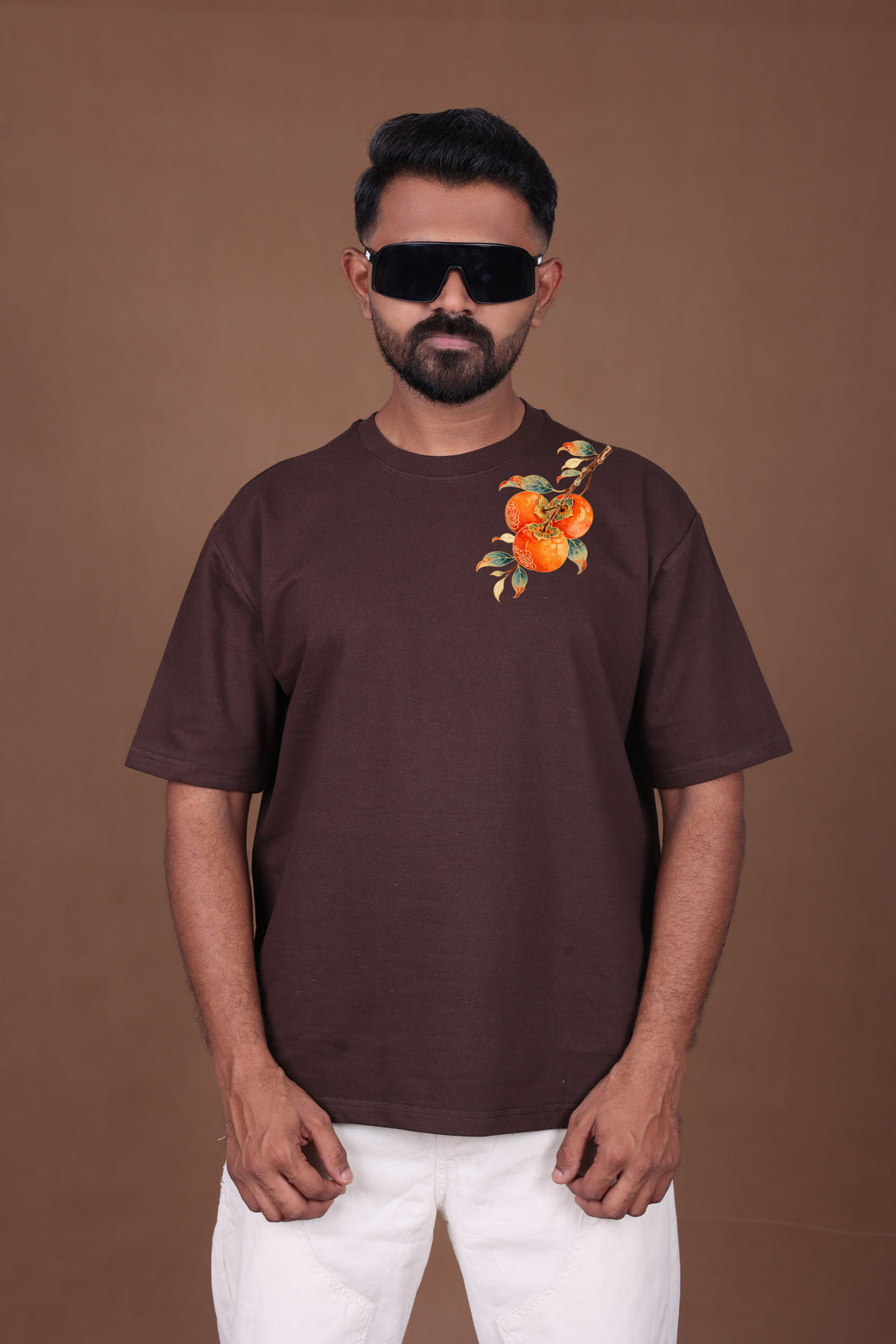 Printed Oversized T-shirt | Floral Mandala Back Print | Brown T-Shirt