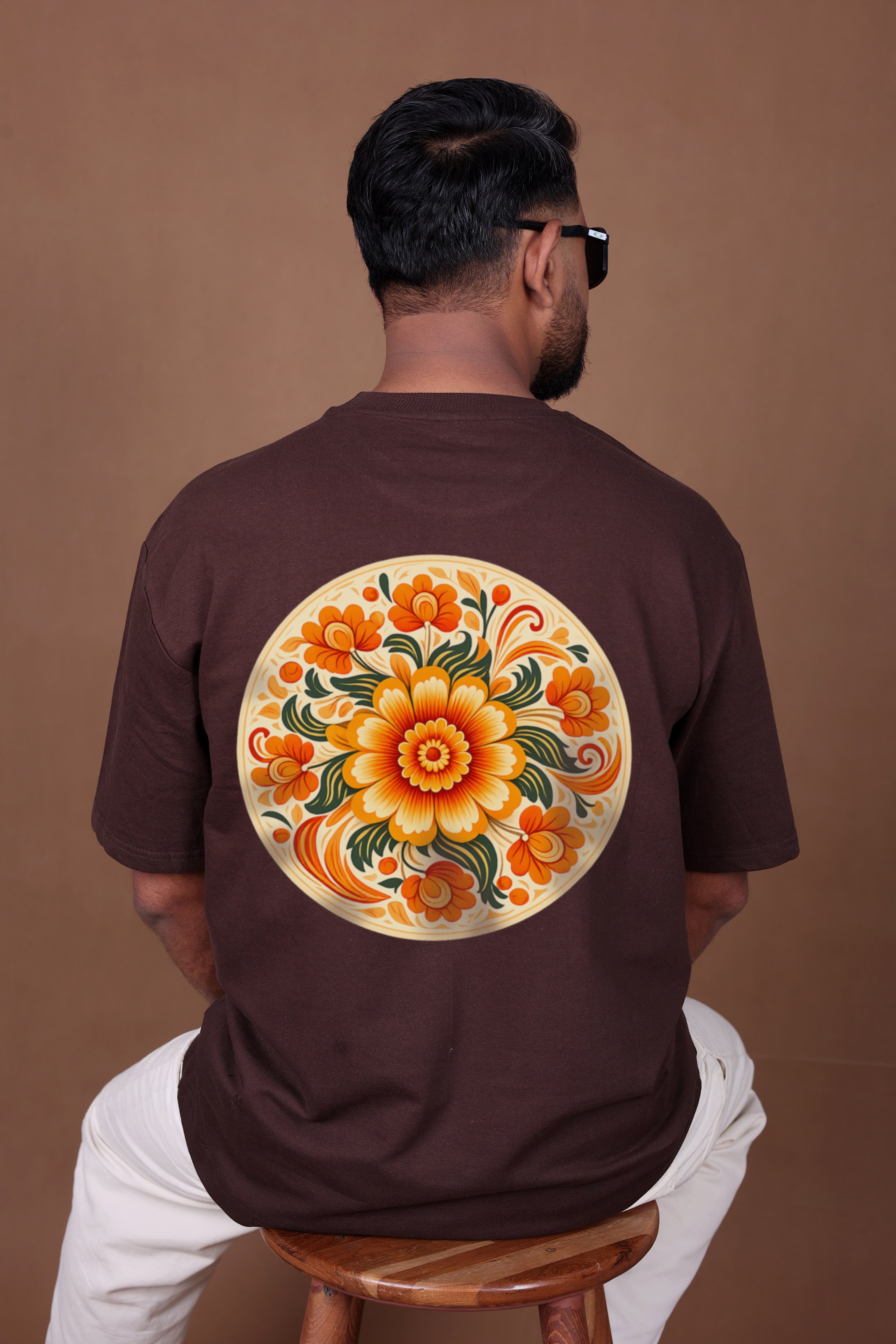 Printed Oversized T-shirt | Floral Mandala Back Print | Brown T-Shirt