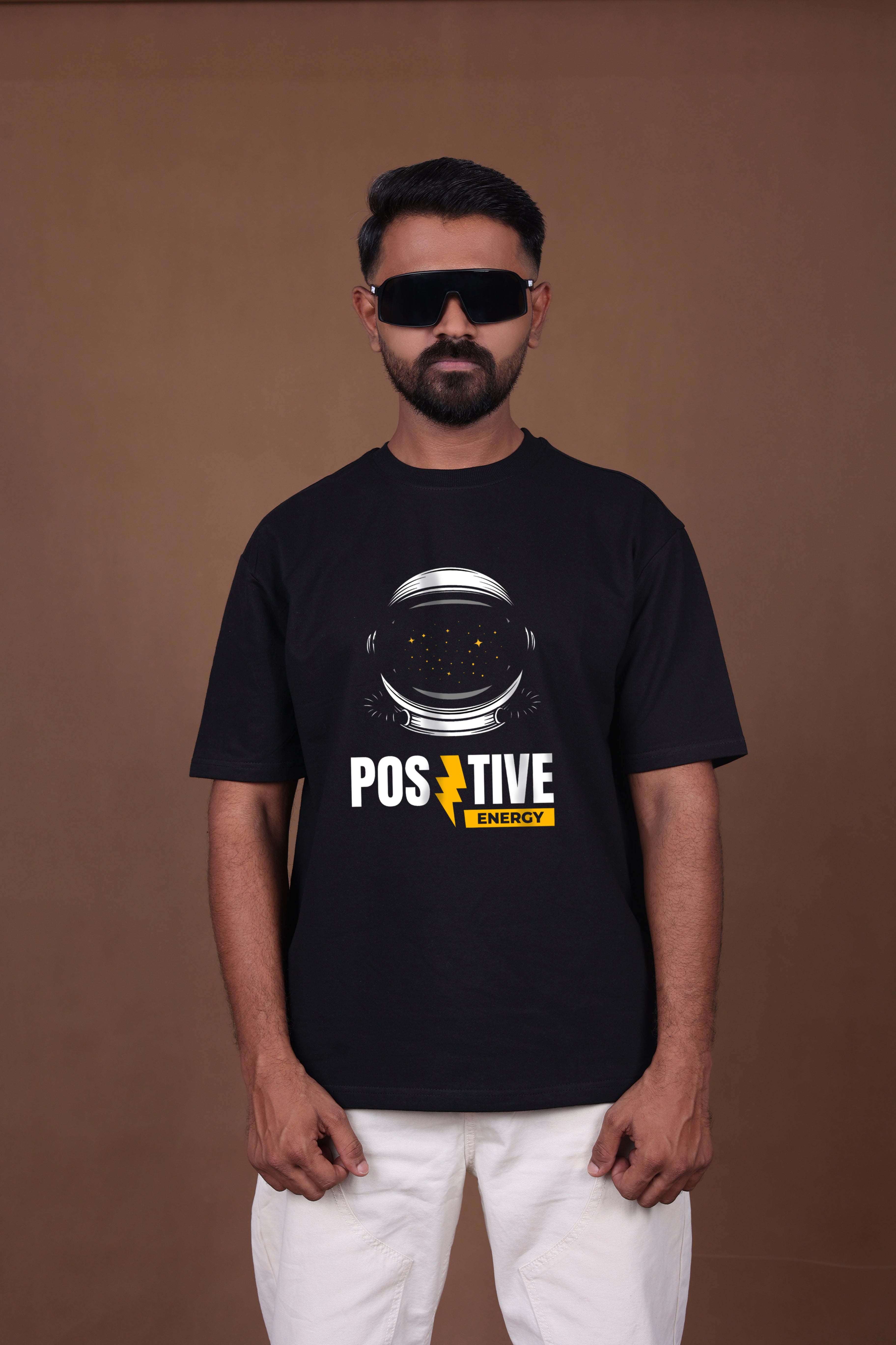 Printed Oversized T-shirt | Positive Energy Astronaut Graphic | Black T-Shirt