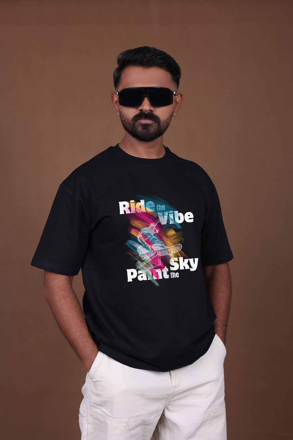 Printed Oversized T-shirt | Ride The Vibe Skate Graphic | Black T-Shirt