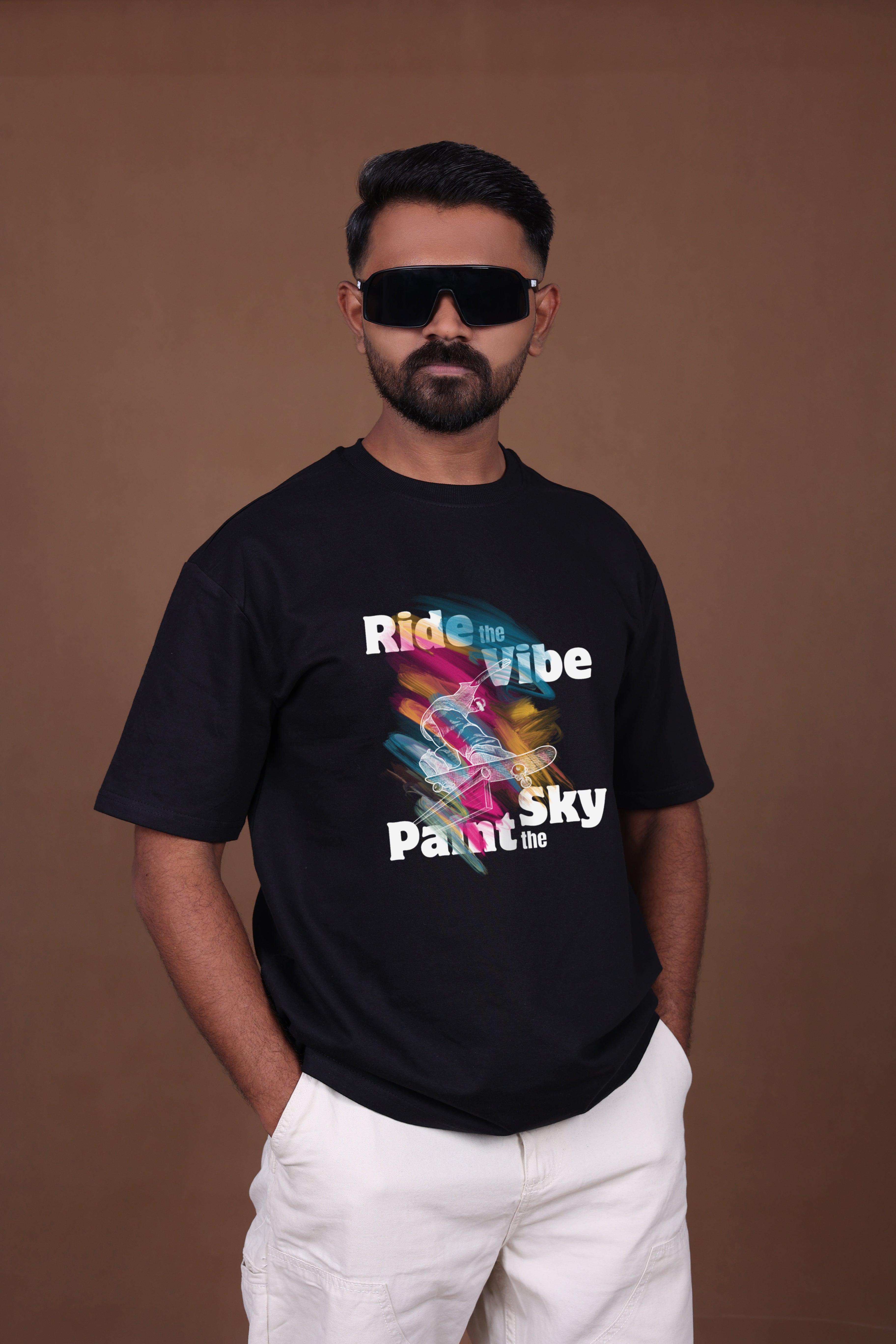 Printed Oversized T-shirt | Ride The Vibe Skate Graphic | Black T-Shirt