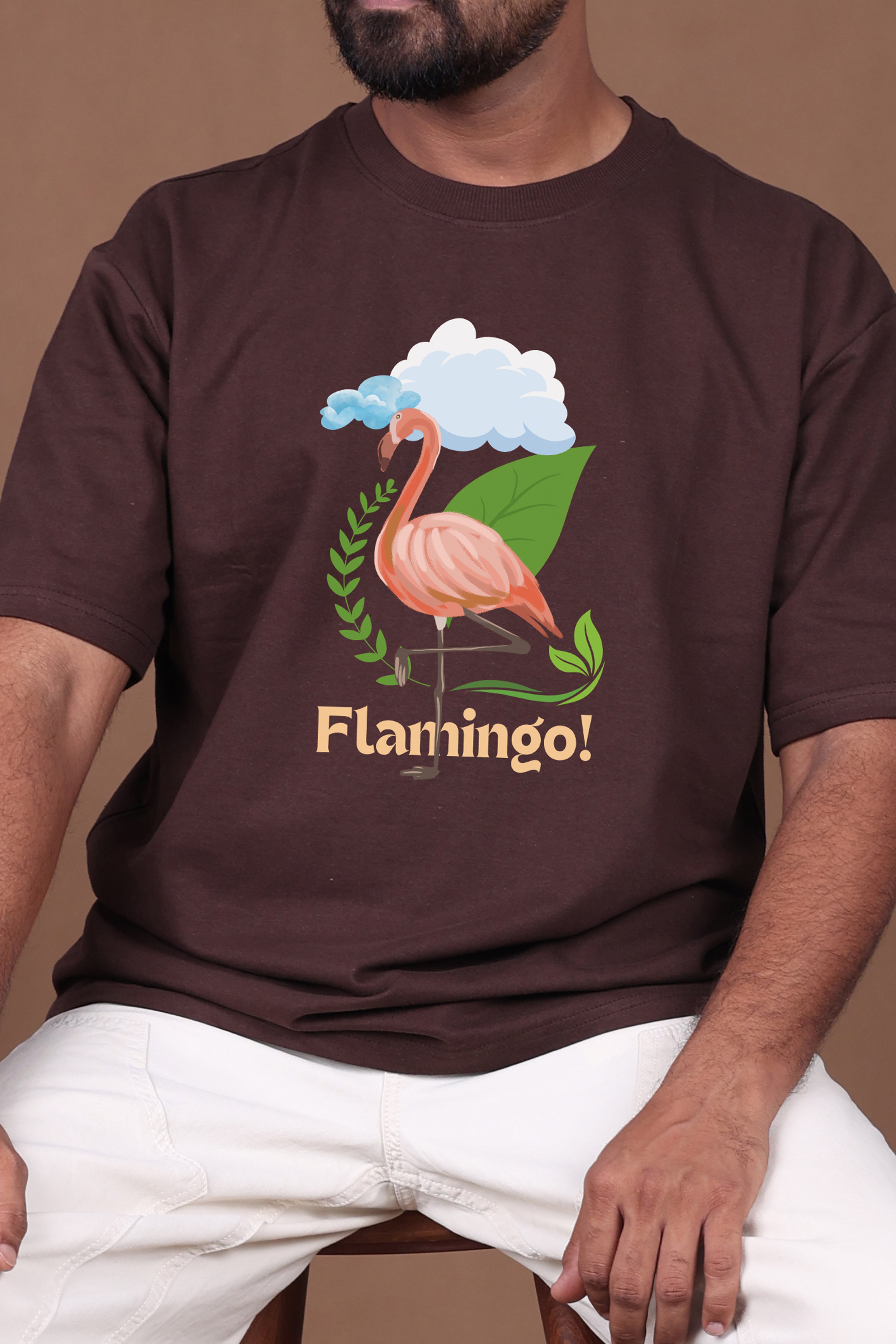 Printed Oversized T-shirt | Cute Flamingo Nature Design | Brown T-Shirt