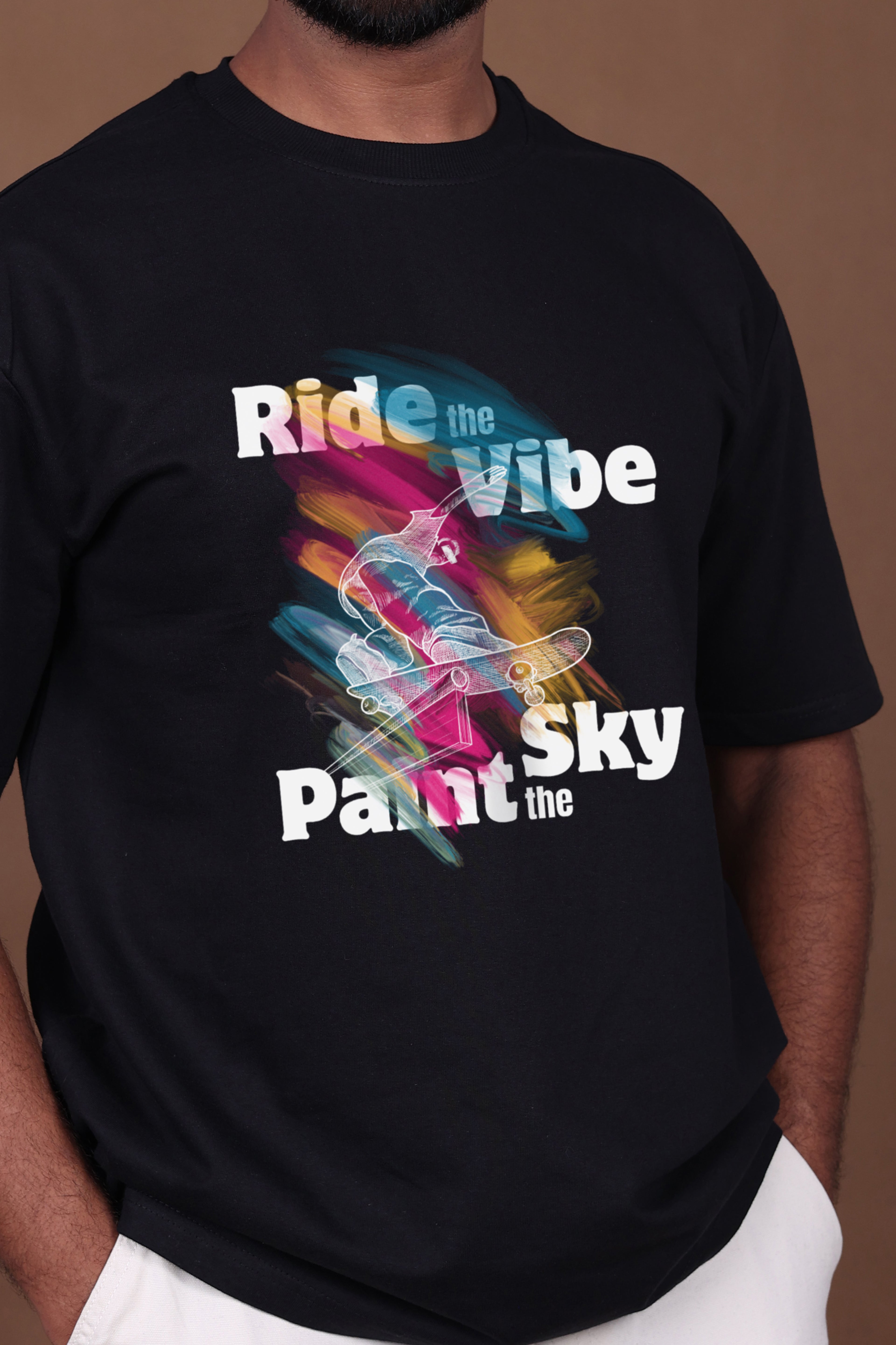 Printed Oversized T-shirt | Ride The Vibe Skate Graphic | Black T-Shirt