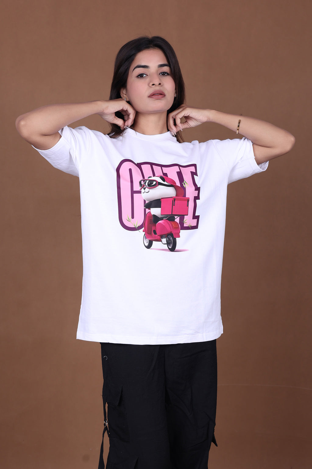 Printed Oversized T-shirt | Cute Panda Scooter Graphic | White T-Shirt
