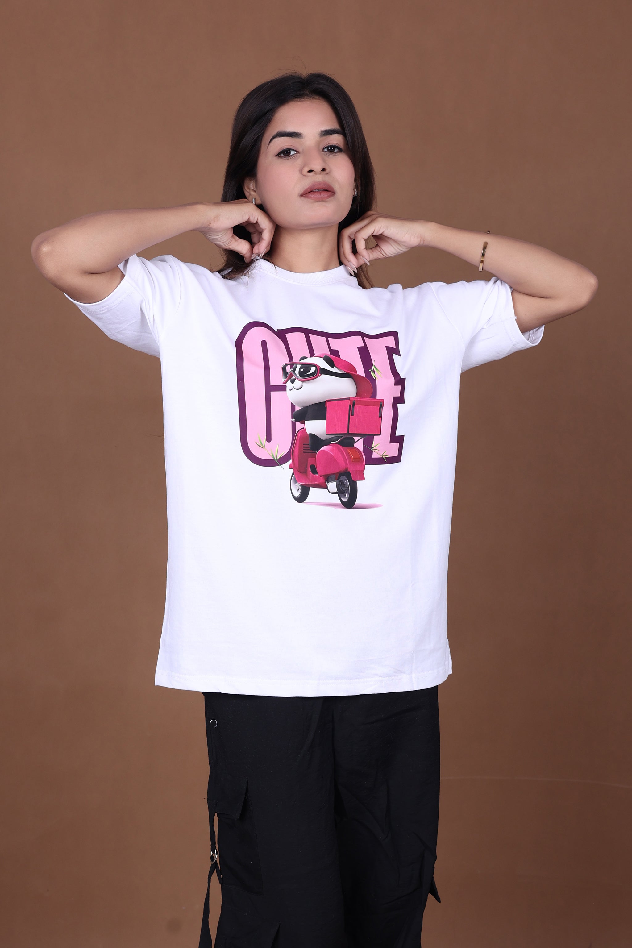 Printed Oversized T-shirt | Cute Panda Scooter Graphic | White T-Shirt