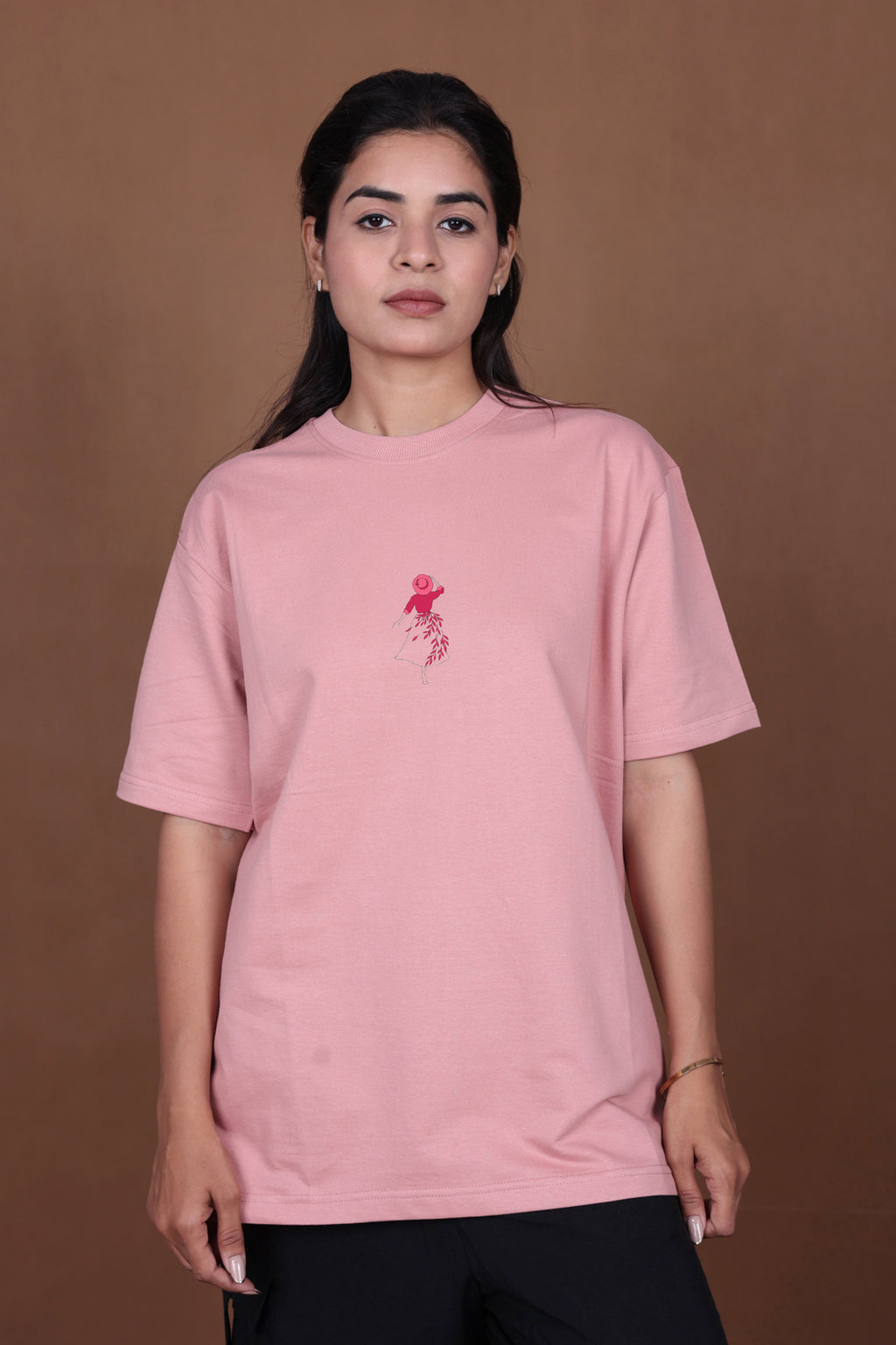 Printed Oversized T-shirt | Abstract Floral Face Print | Pink T-Shirt