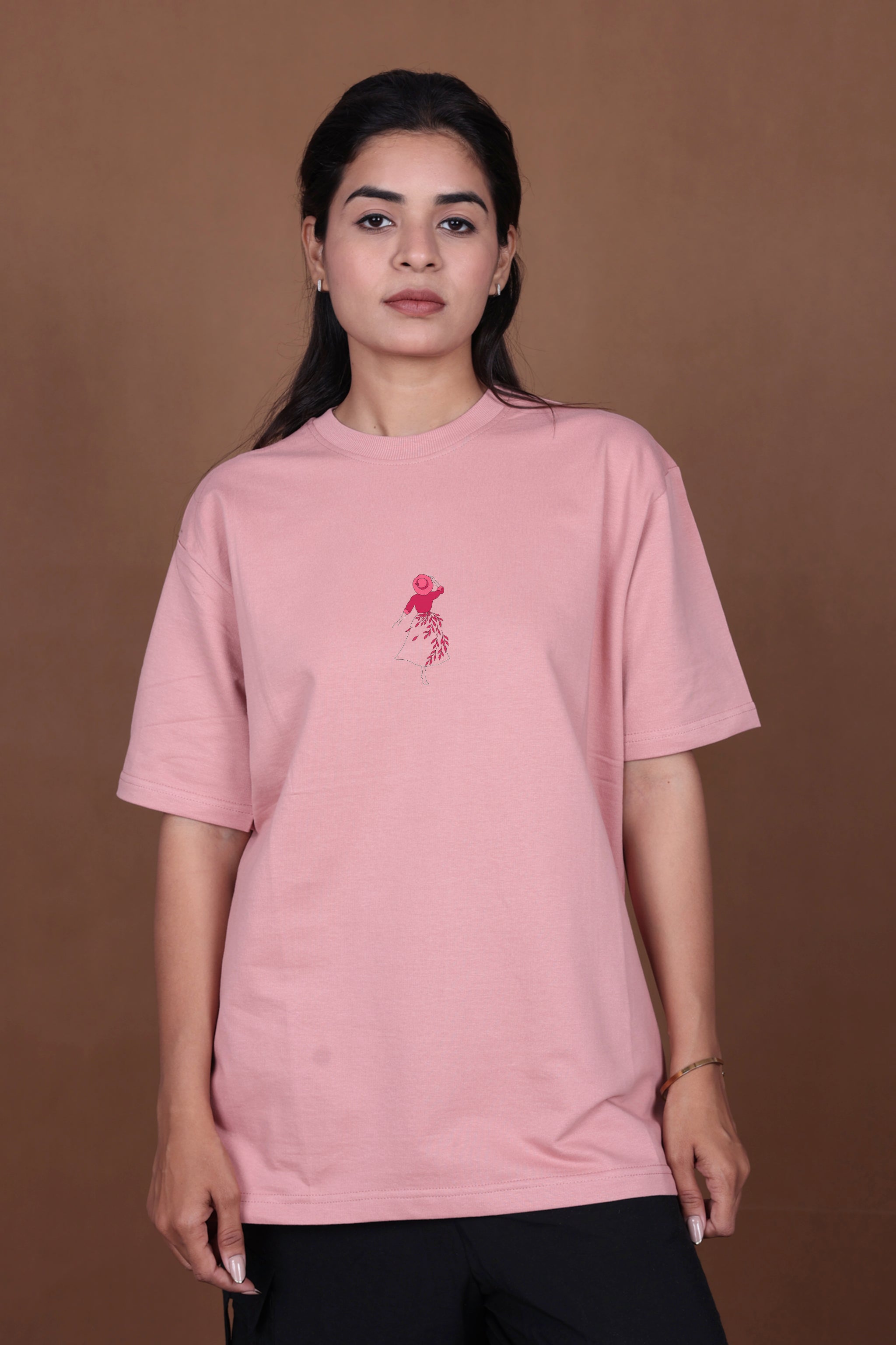 Printed Oversized T-shirt | Abstract Floral Face Print | Pink T-Shirt