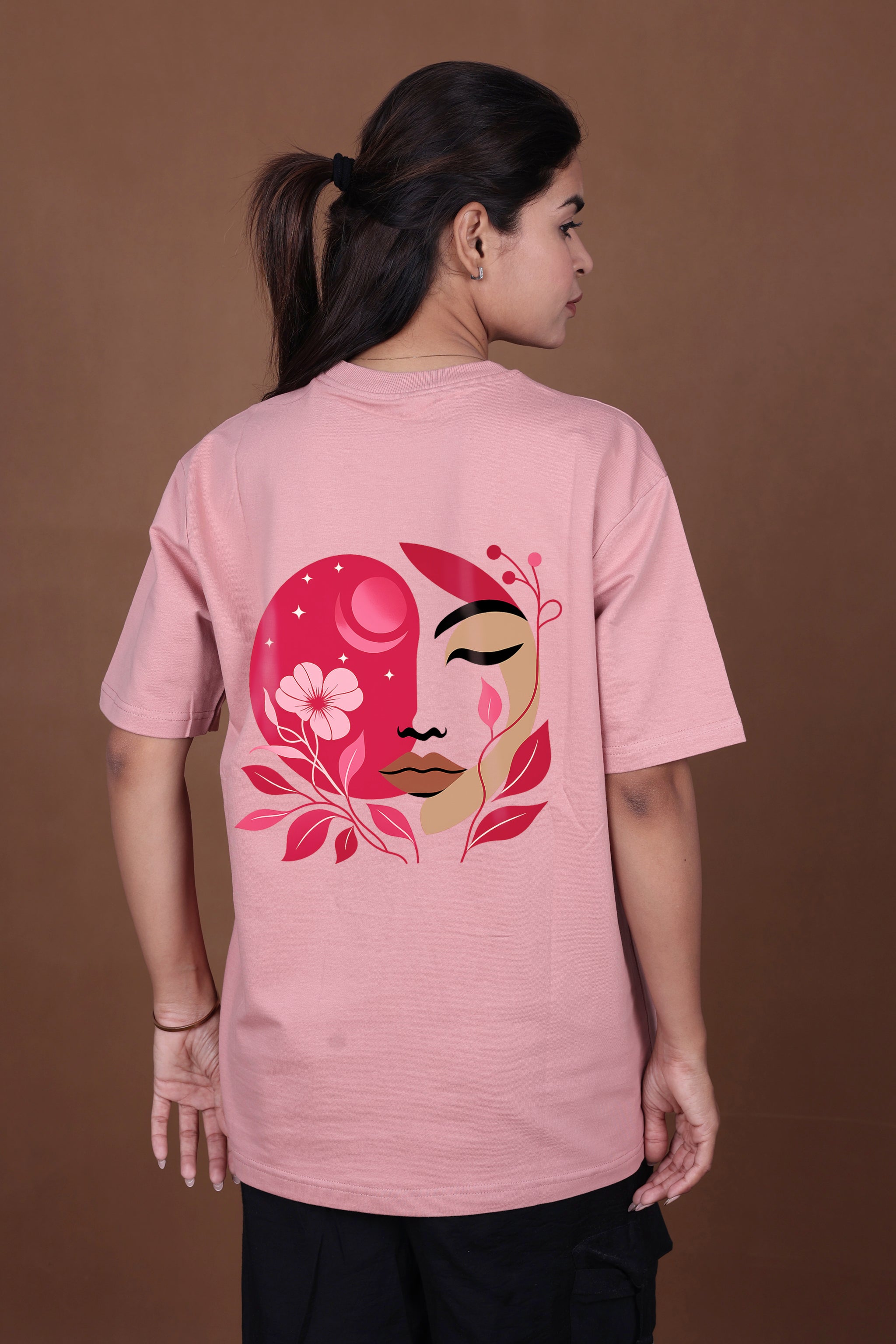 Printed Oversized T-shirt | Abstract Floral Face Print | Pink T-Shirt