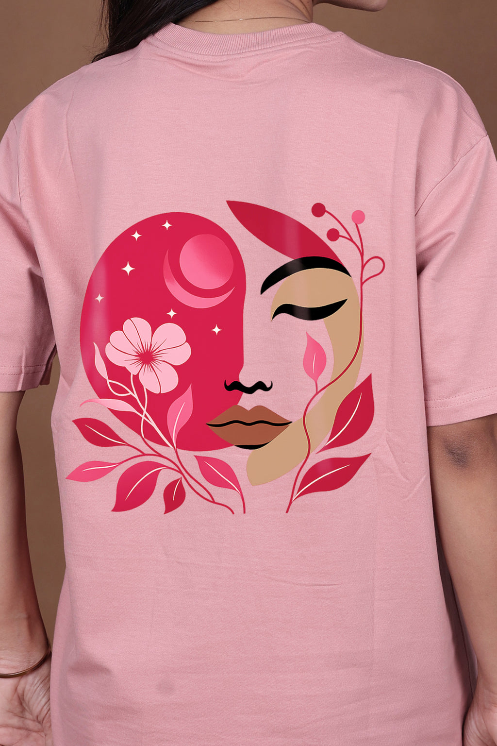 Printed Oversized T-shirt | Abstract Floral Face Print | Pink T-Shirt
