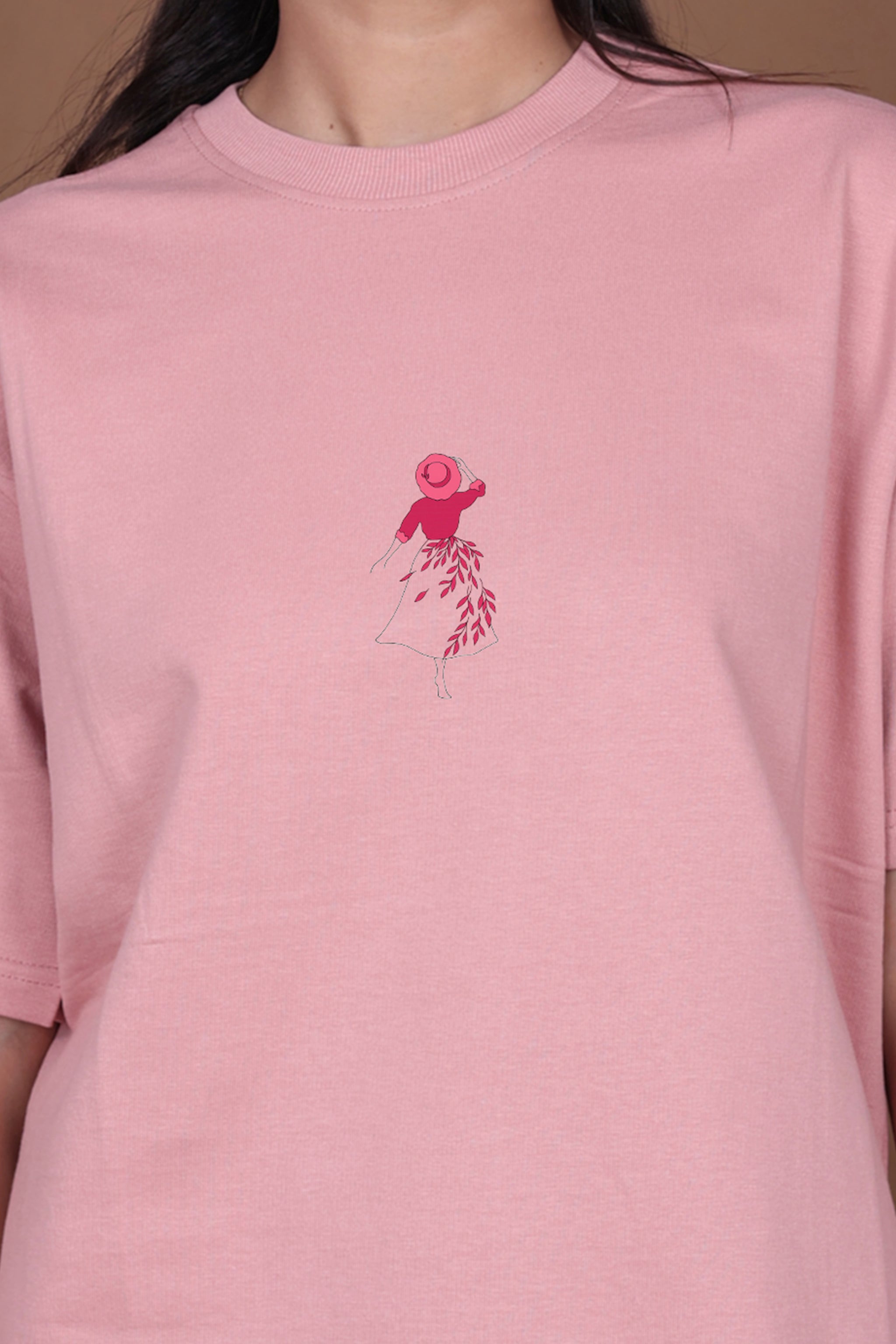 Printed Oversized T-shirt | Abstract Floral Face Print | Pink T-Shirt
